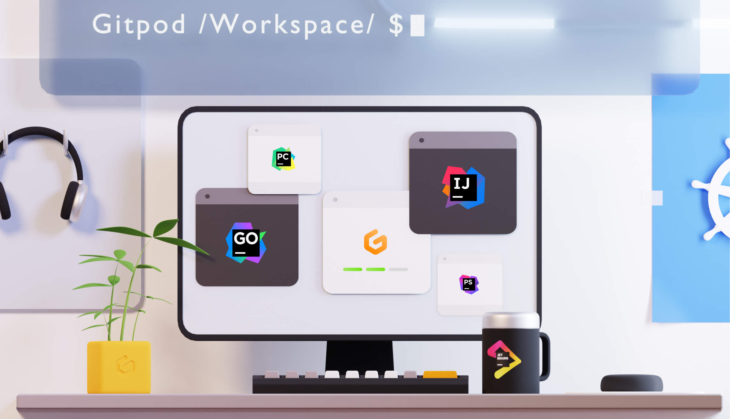 screen with gitpod logo standing on desk