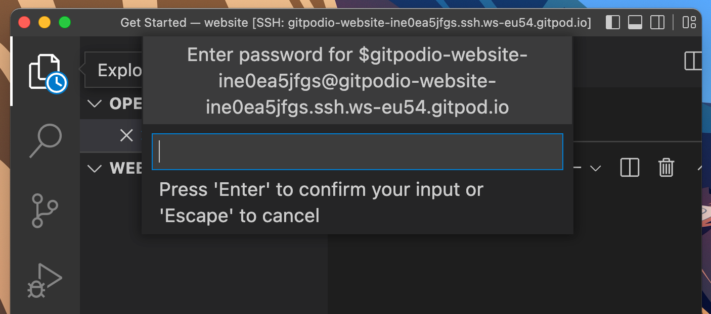VS Code prompting for a password. This message is shown when the public key warning notice is dismissed on the previous page by selecting Copy