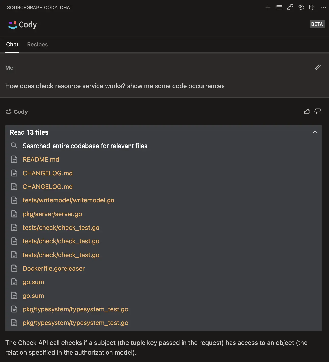 Sourcegraph Cody Result for How does check resource service works? show me some code occurrences