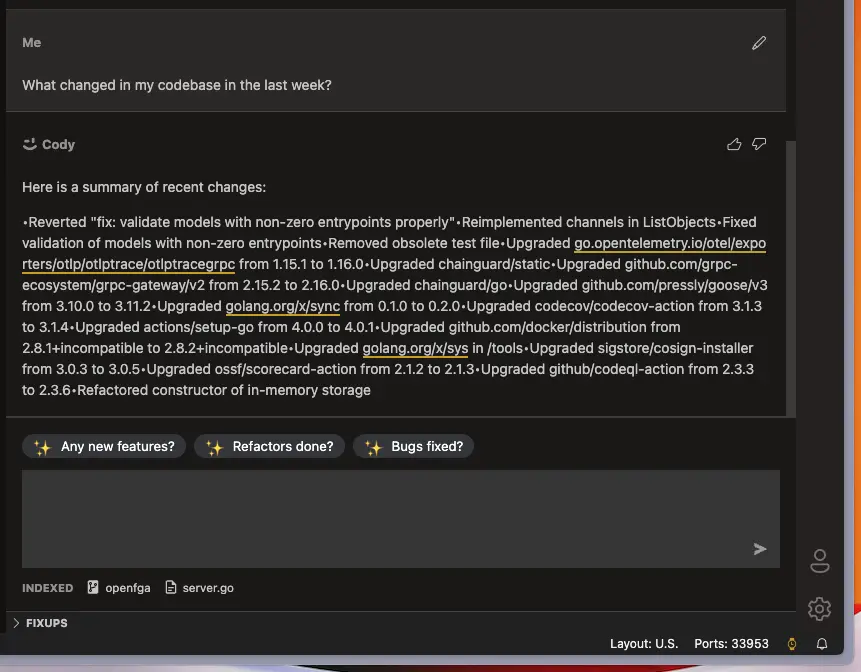 Sourcegraph Cody Result for Summarize recent code changes