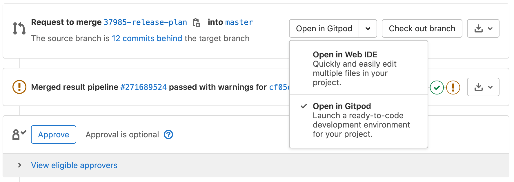 Gitpod button on GitLab merge request