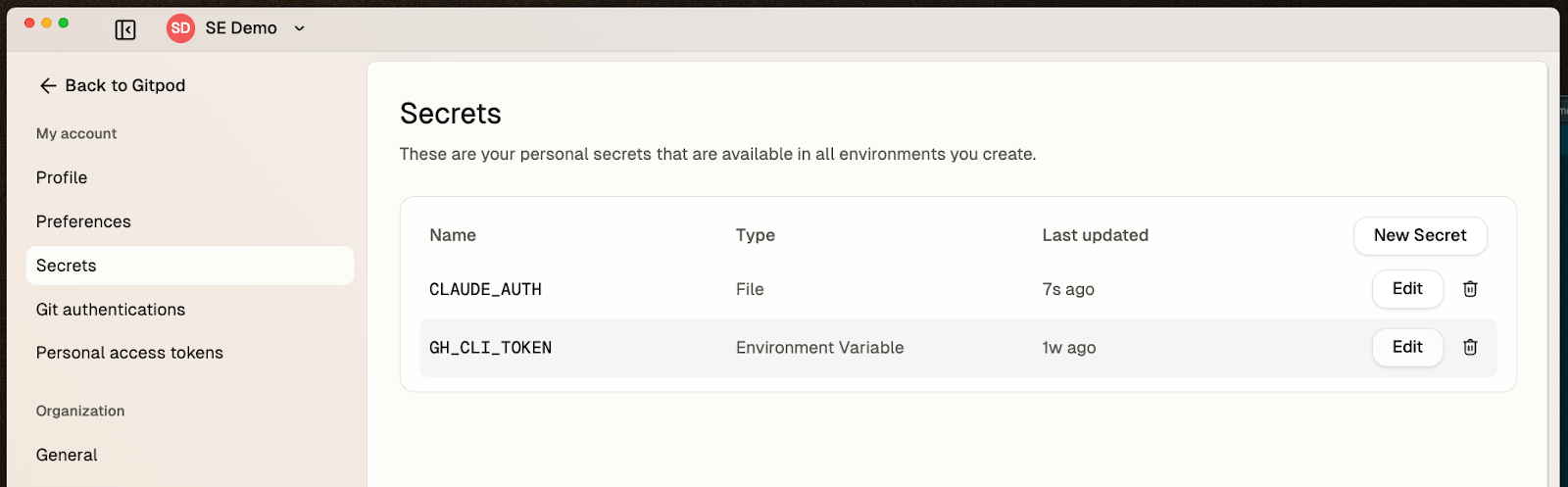 Adding secrets to Gitpod
