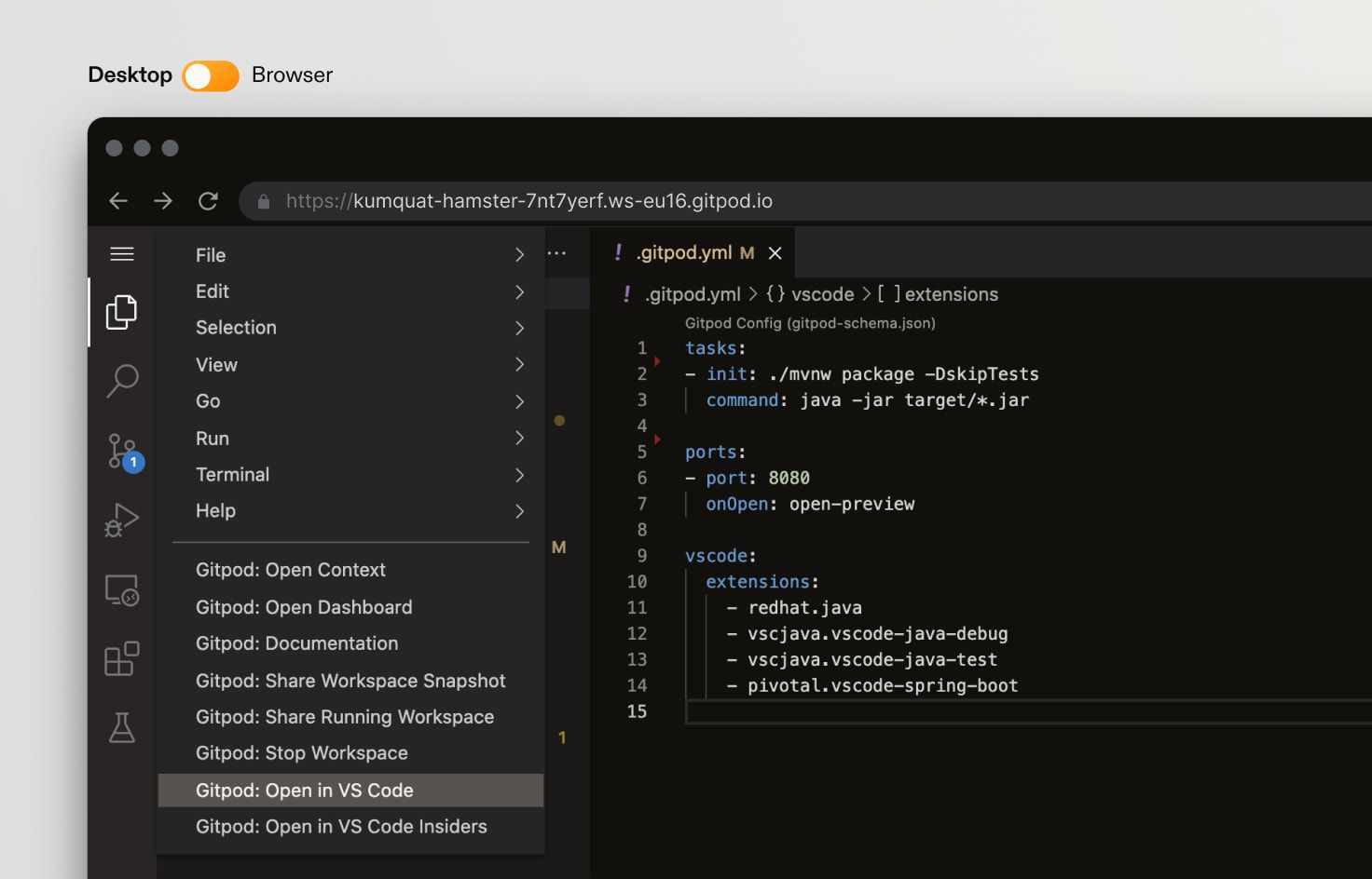 VS Code open in a Gitpod workspace with the option to open in local VS Code displayed