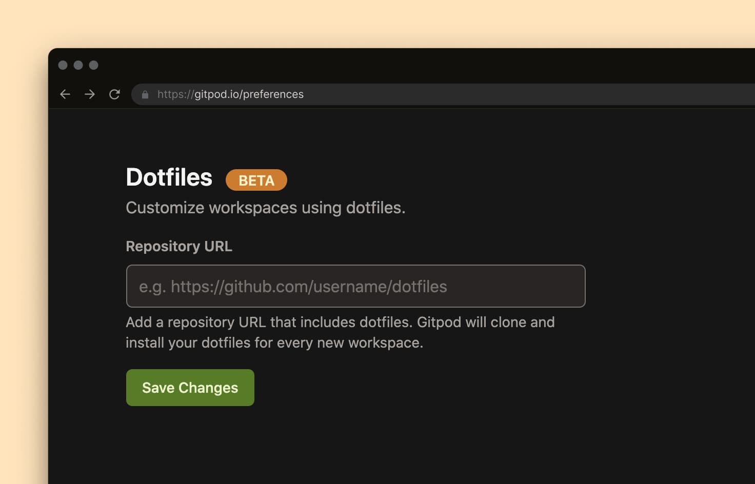 A screenshot of the Dotfiles configuration options, asking for a Dotfiles repository URL.