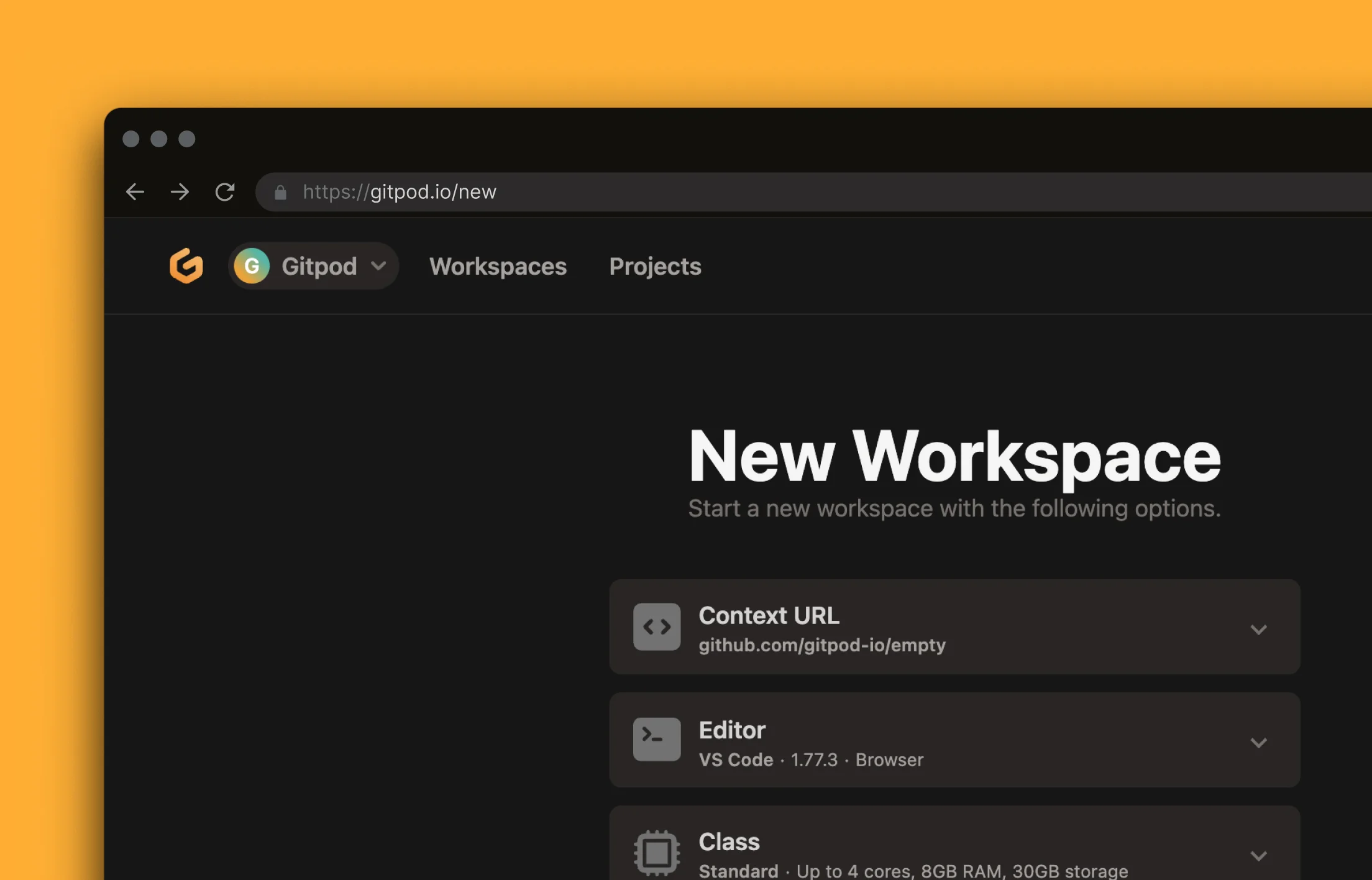screenshot of the new workspace creation page
