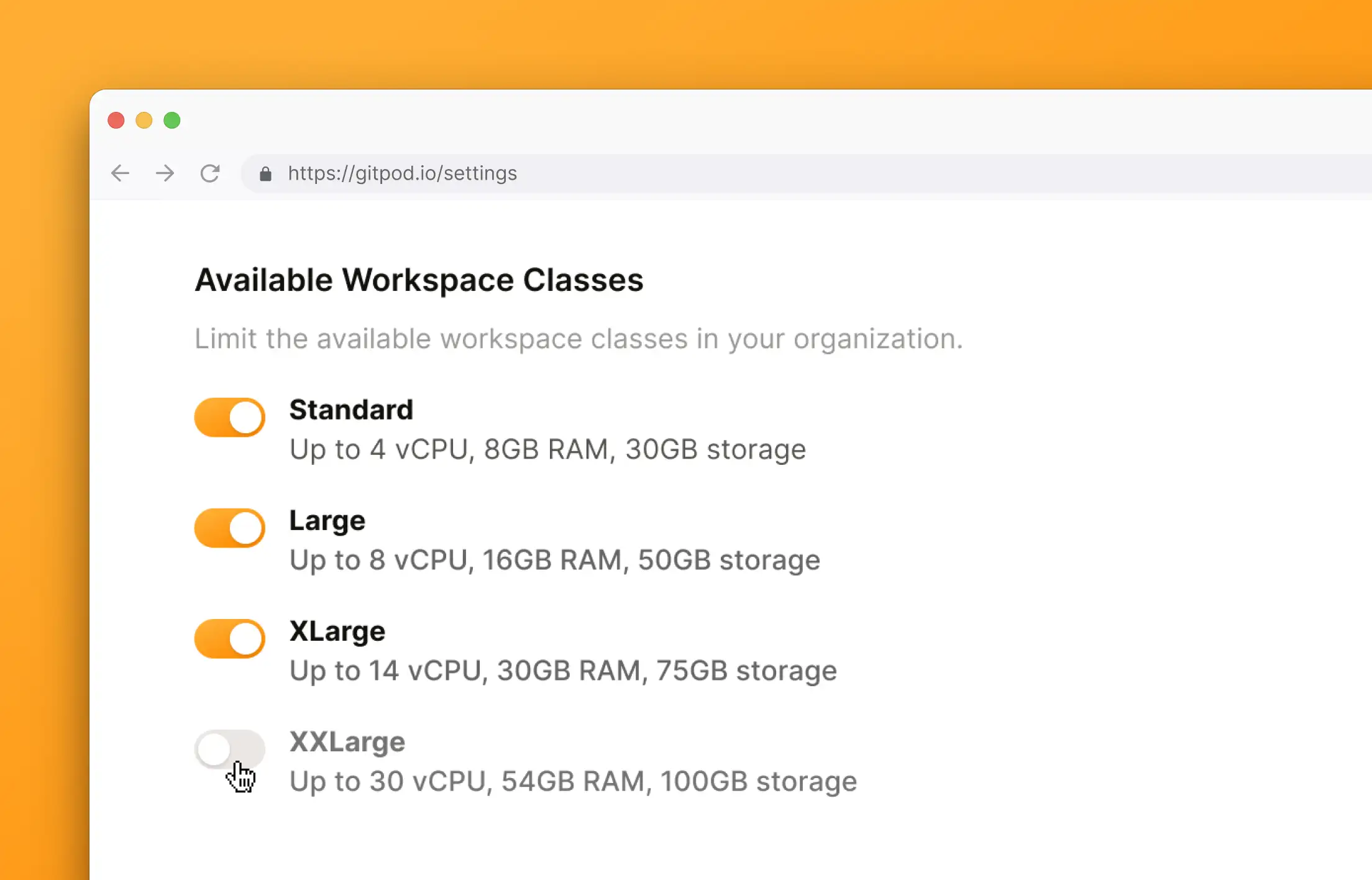 Image showing workspace classes settings in Gitpod.