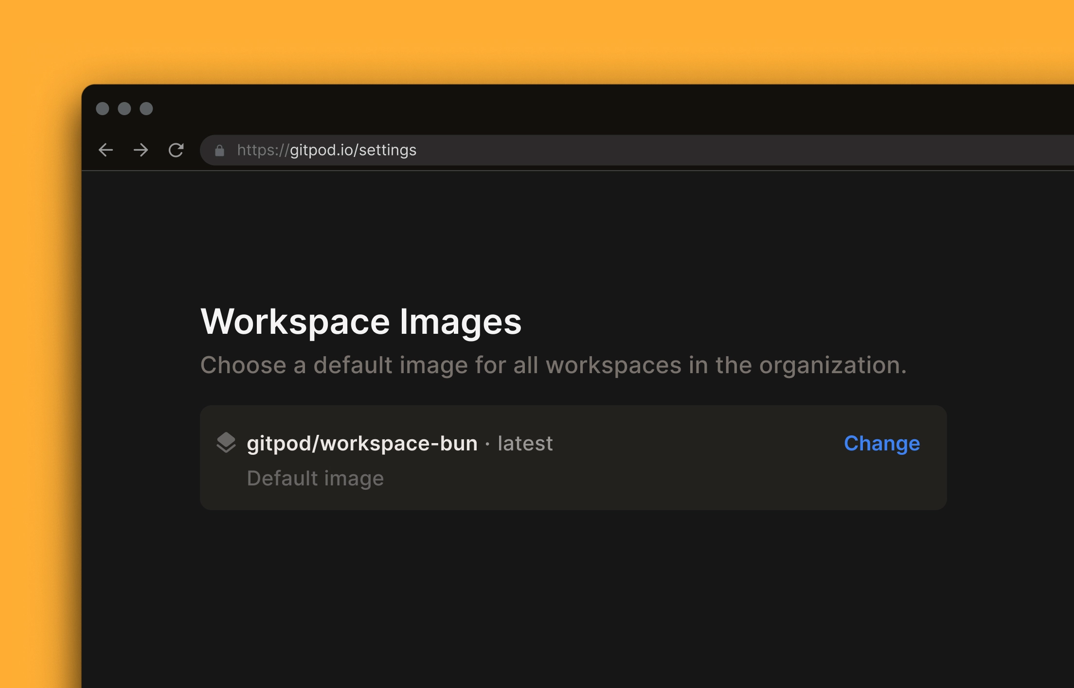 A screenshot showcasing the new Organization-level Workspace Image setting in Gitpod.