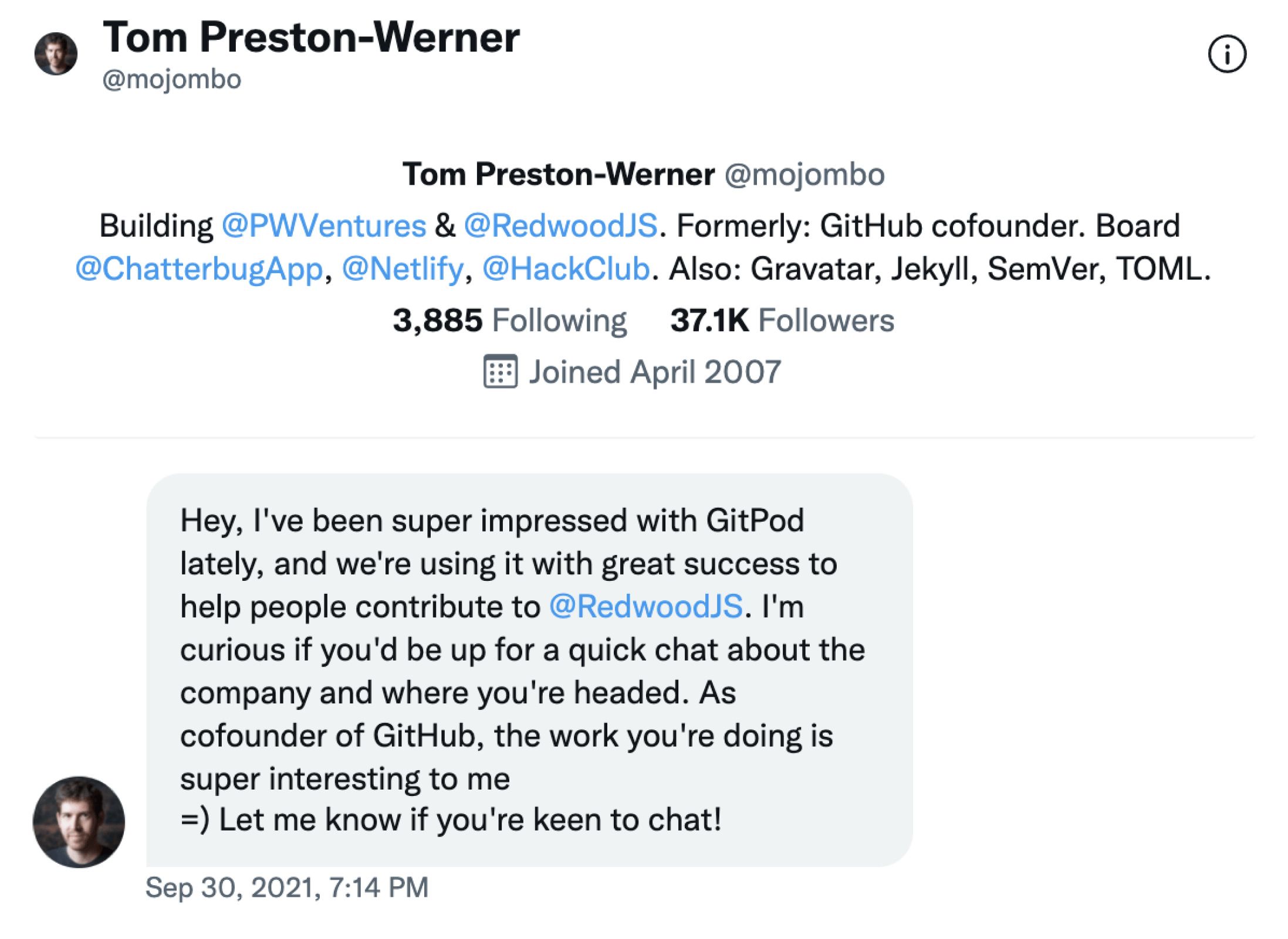 Twitter DM from Tom Preston-Werner about Gitpod