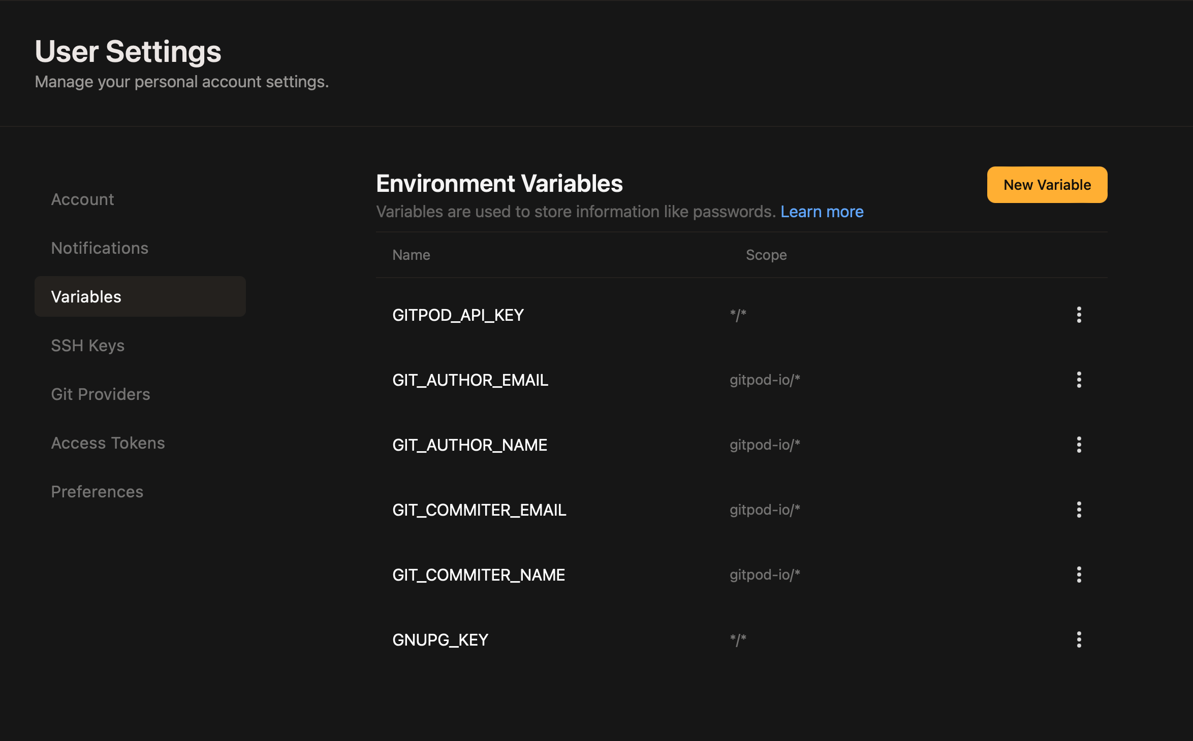 Environment Variables in Account Settings