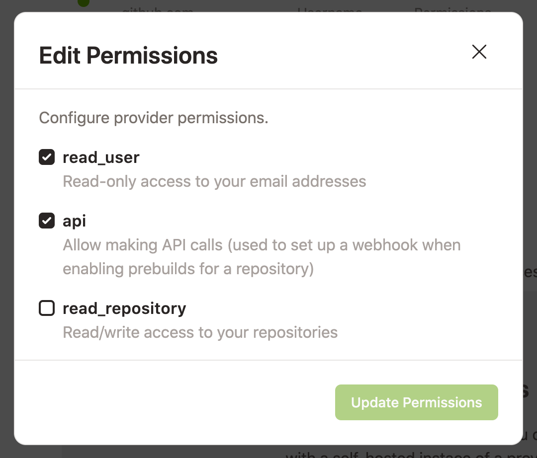 Modal Edit Permissions of GitLab in the Gitpod settings