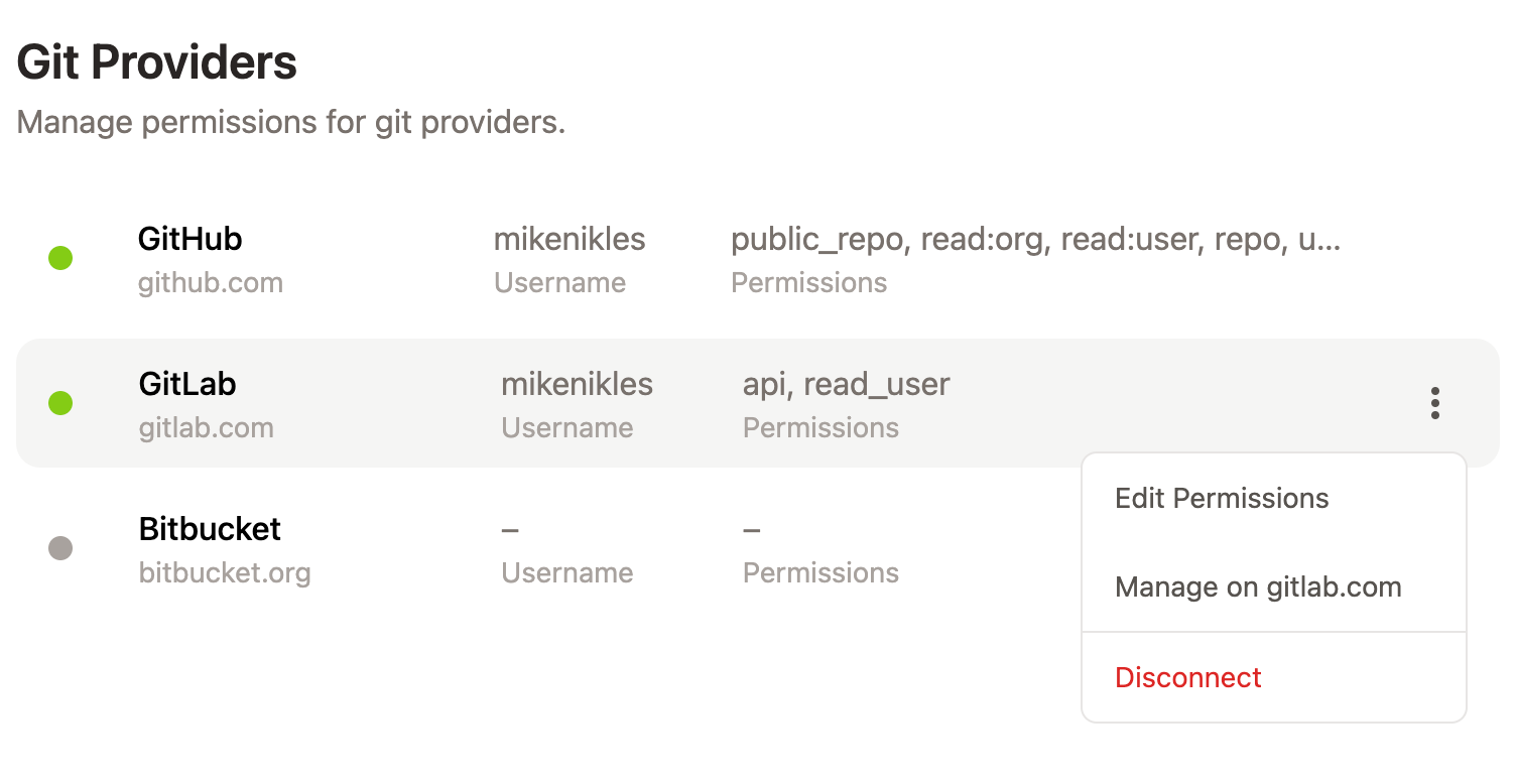 GitLab integration actions menu