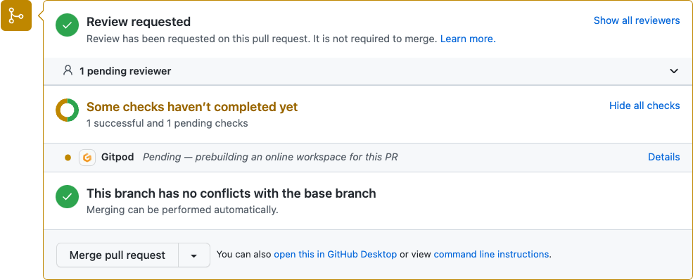 Gitpod status check in a pull request