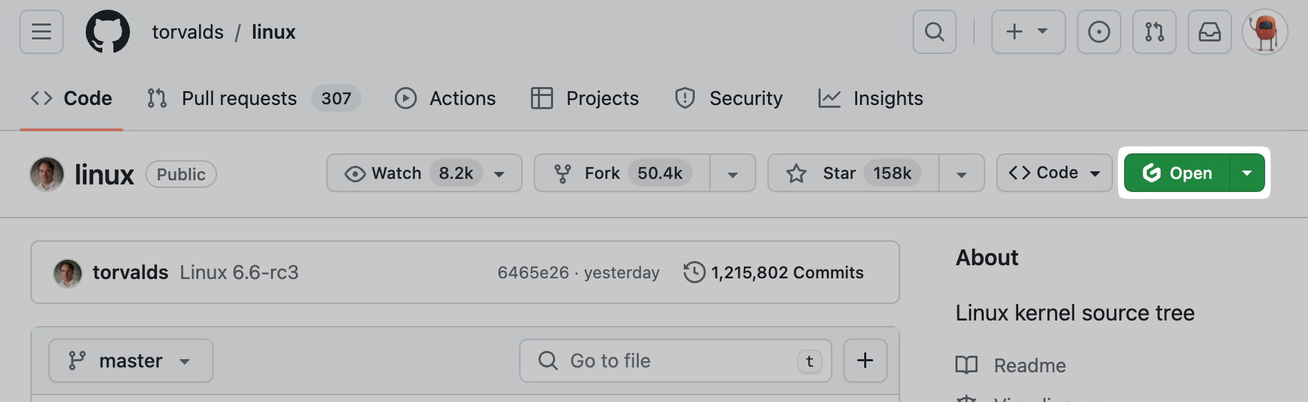 The Gitpod button on a GitHub repository, created by the browser extension