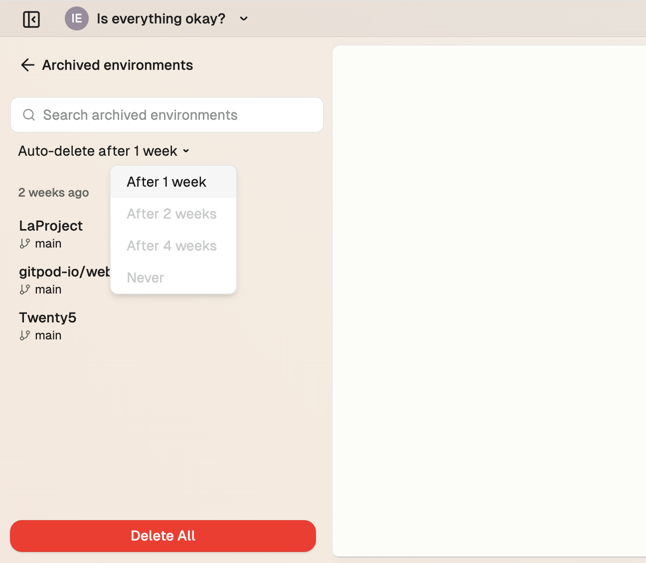 Auto-delete dropdown showing available options