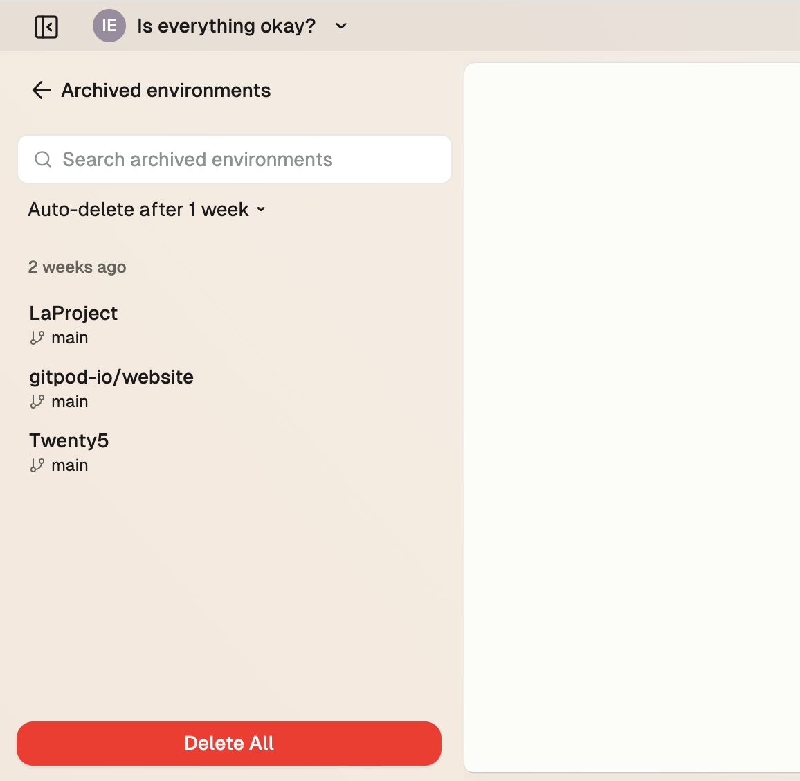 Archive view showing all archived environments