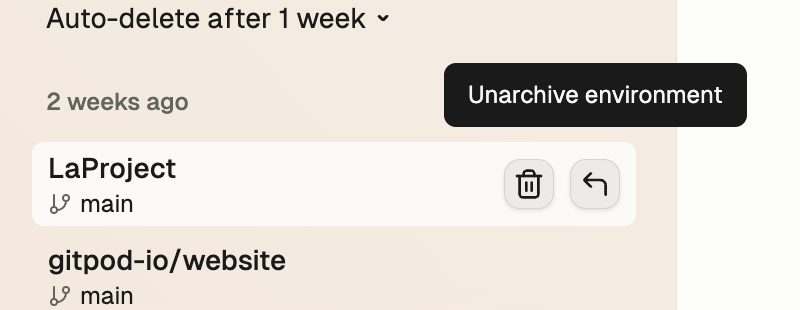 Archive view showing environment actions