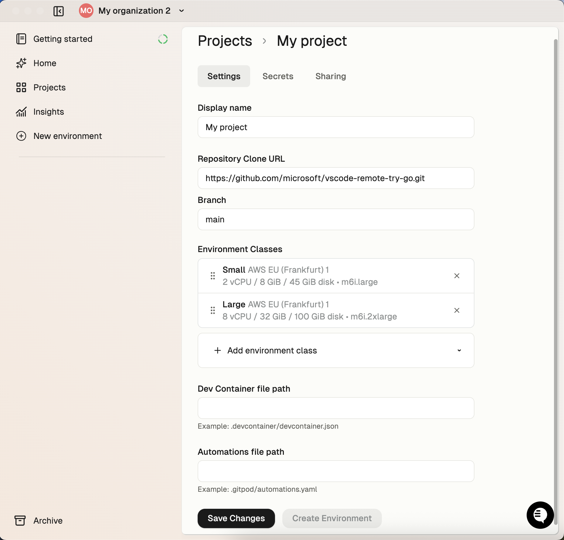 Project configuration screen with environment class selection