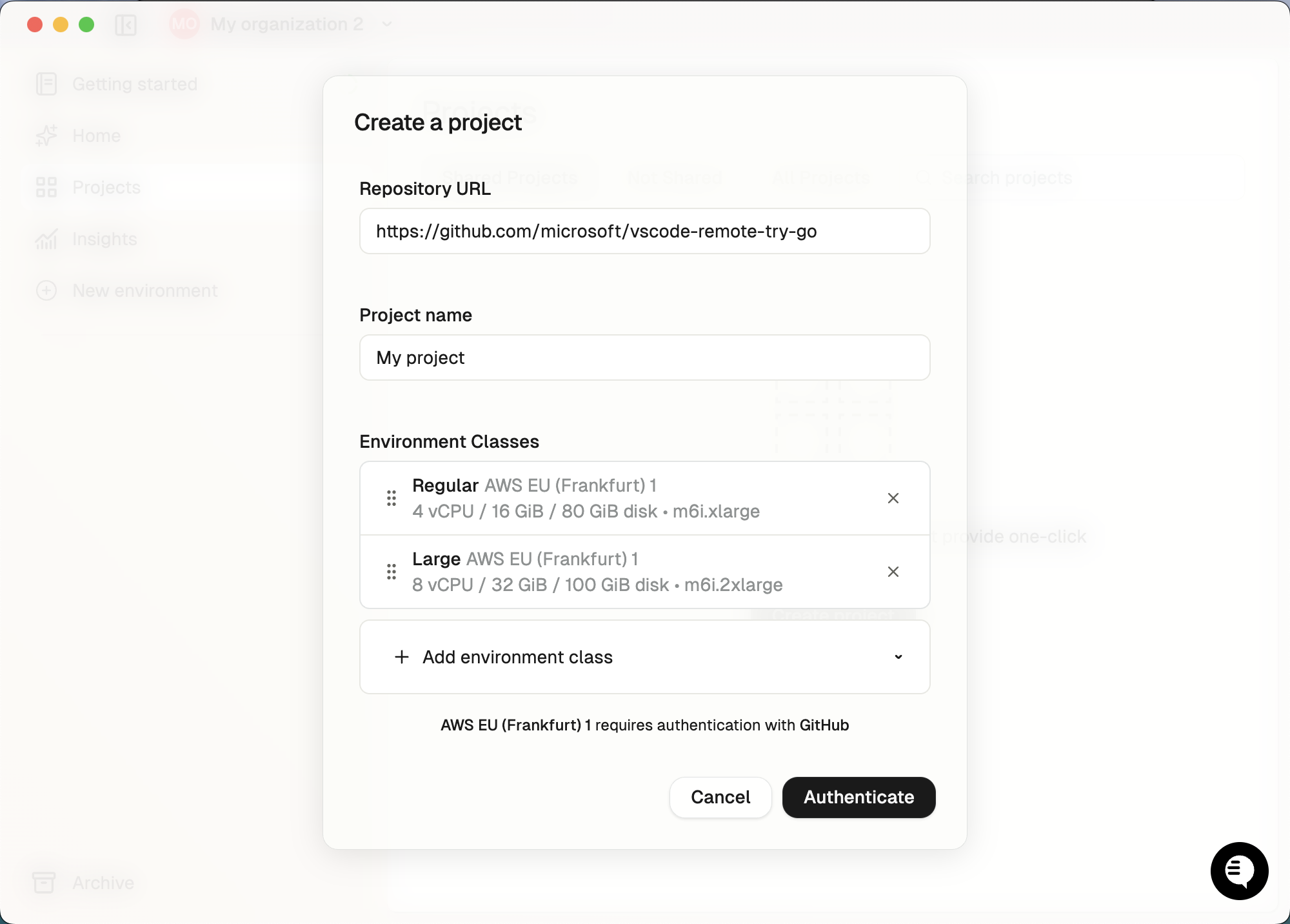 Project creation screen with repository URL, name and environment class list as inputs