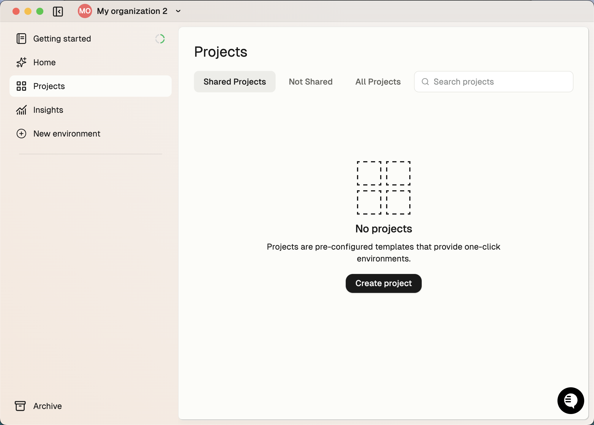 No projects screen showing a Create project button