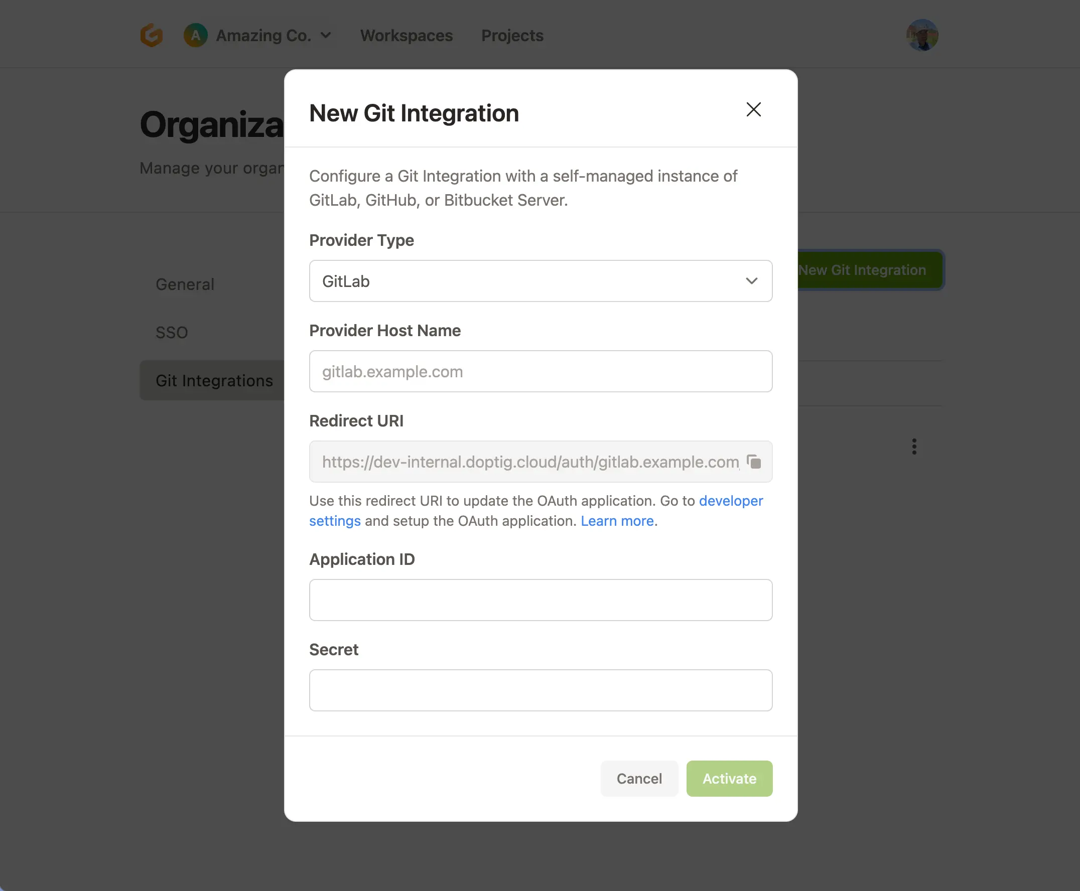 Git Integrations Preview in Gitpod Dashboard