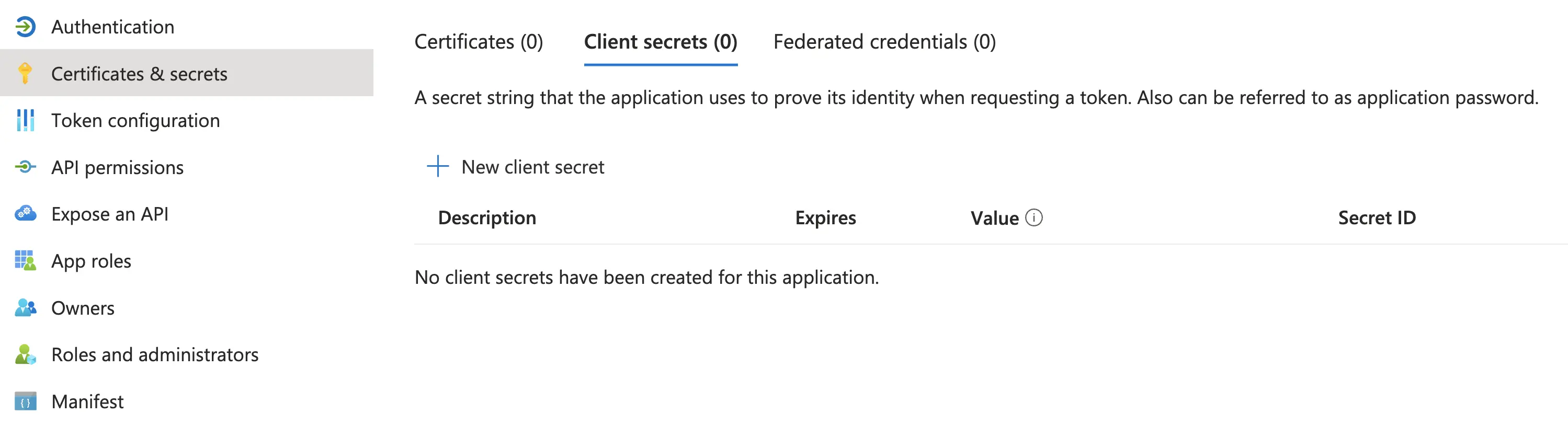 Create client secret - Azure AD Dashboard