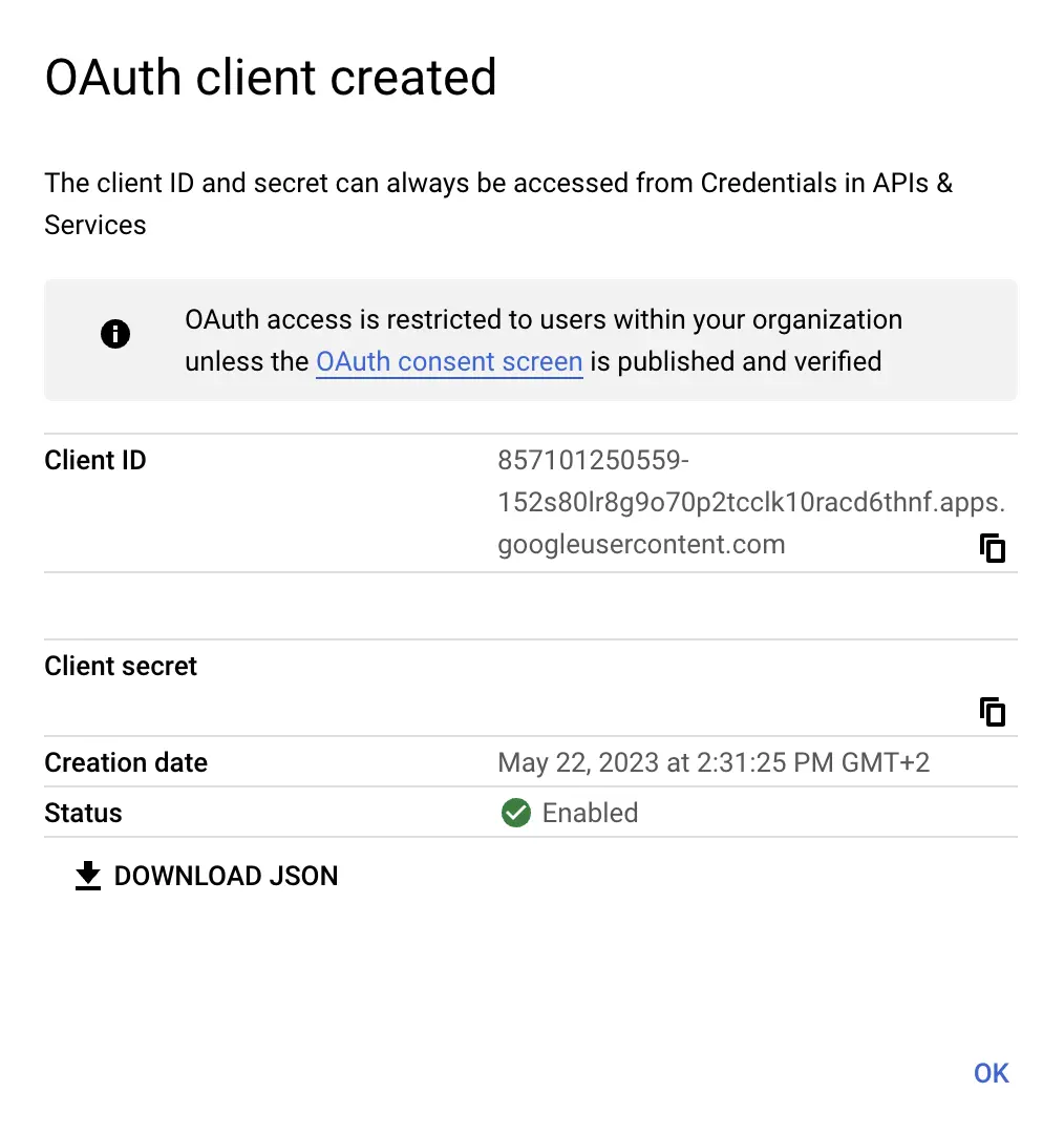 OAuth Client Created - Google Cloud Dashboard