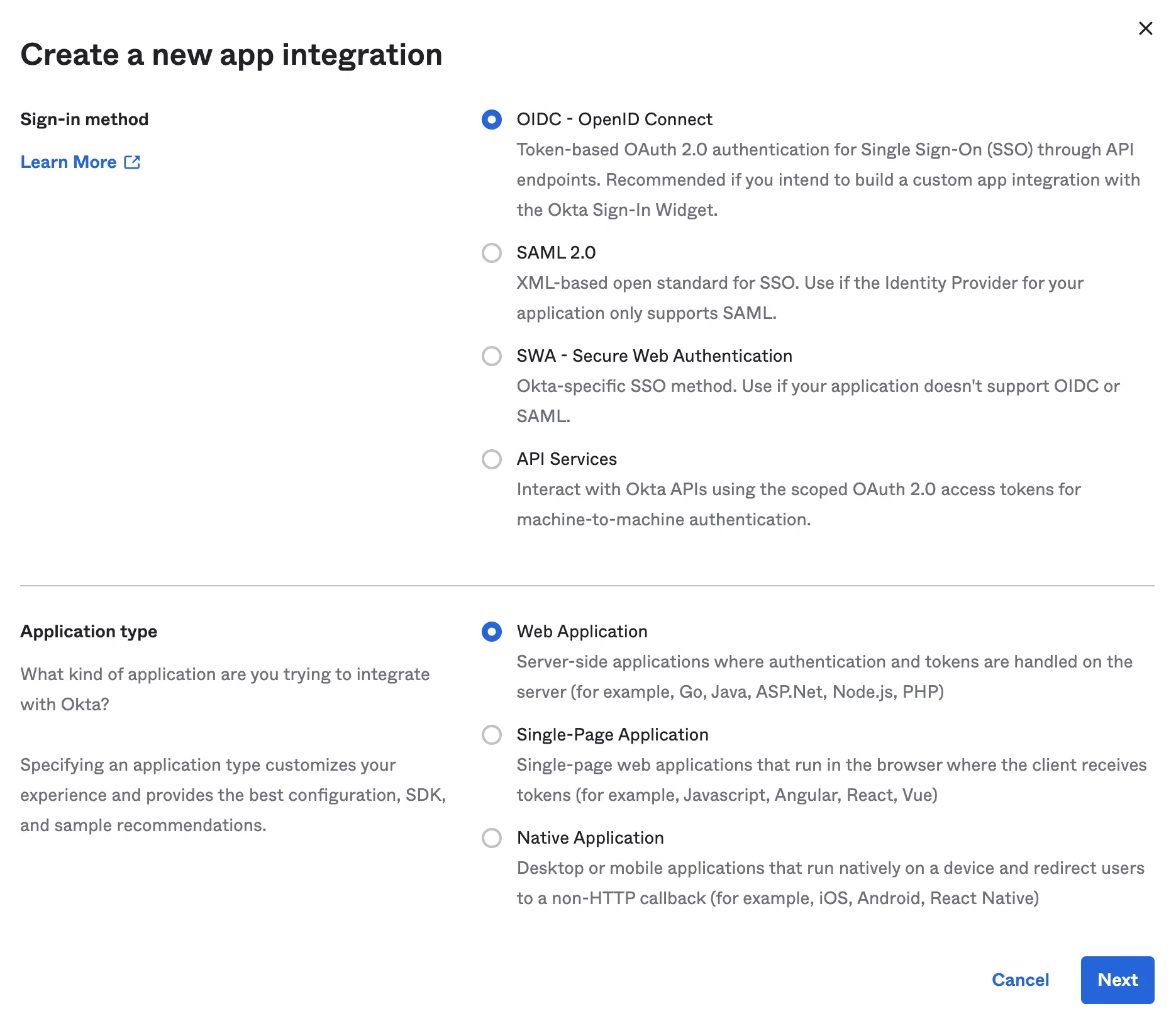 Create App Integration - Okta Dashboard