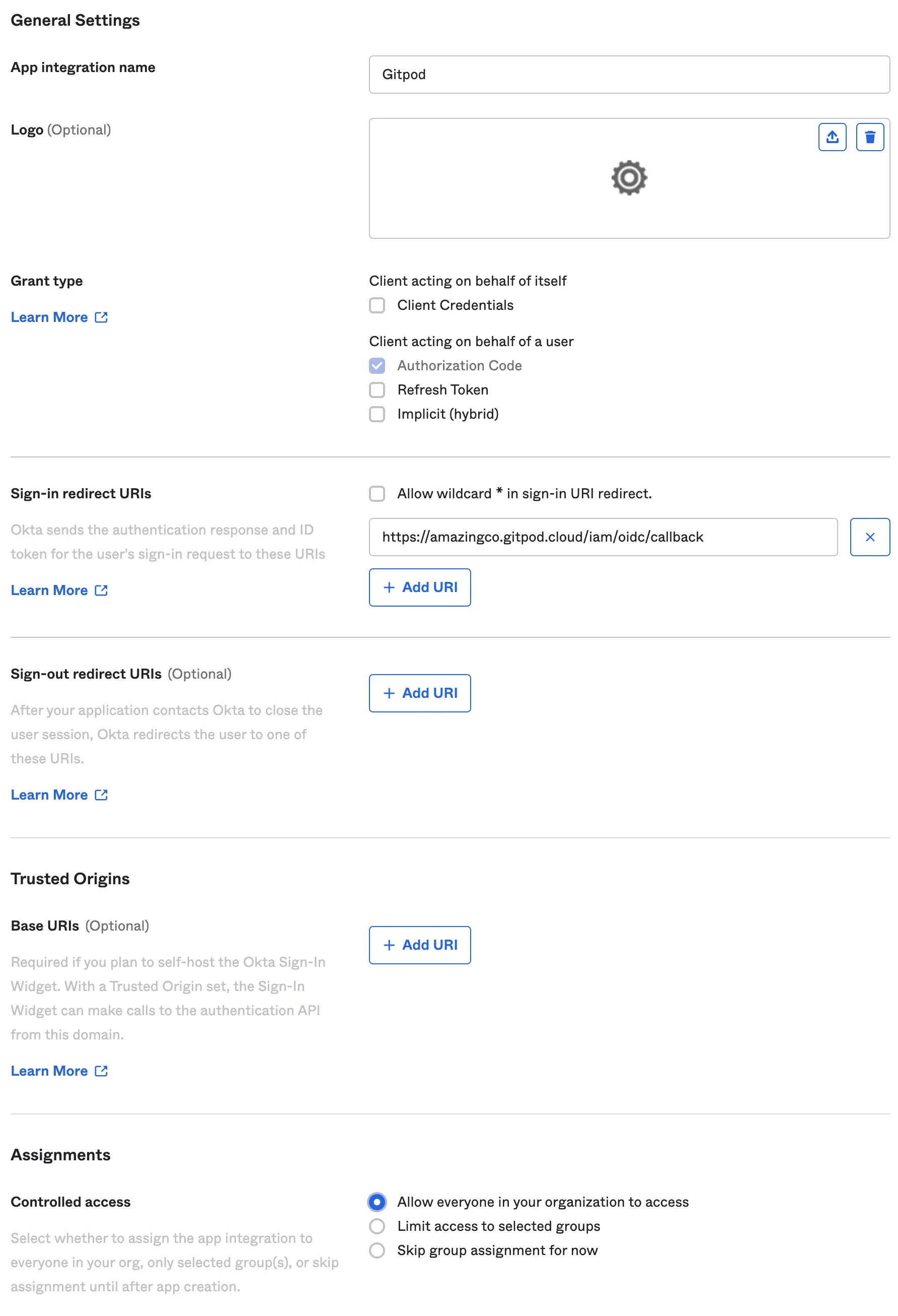 Specify Okta settings - Okta Dashboard