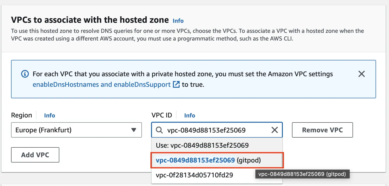 Enterprise Associate VPC screen