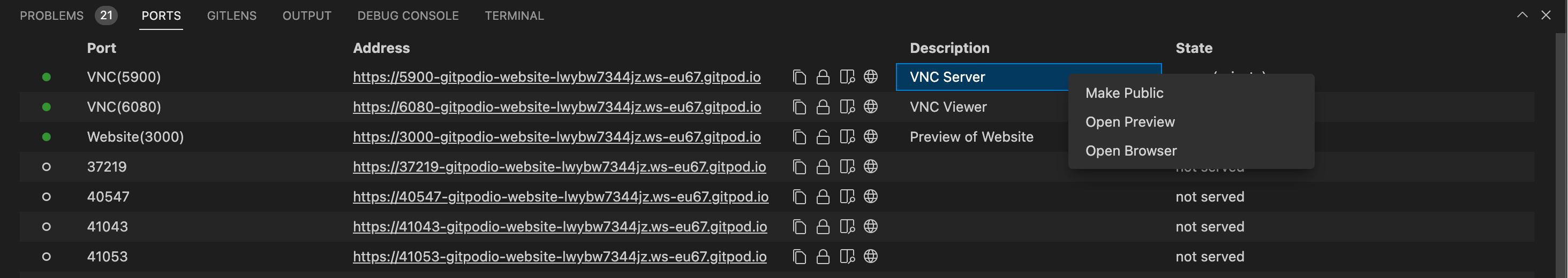The PORTS tab in VS Code Browser with a single port's actions