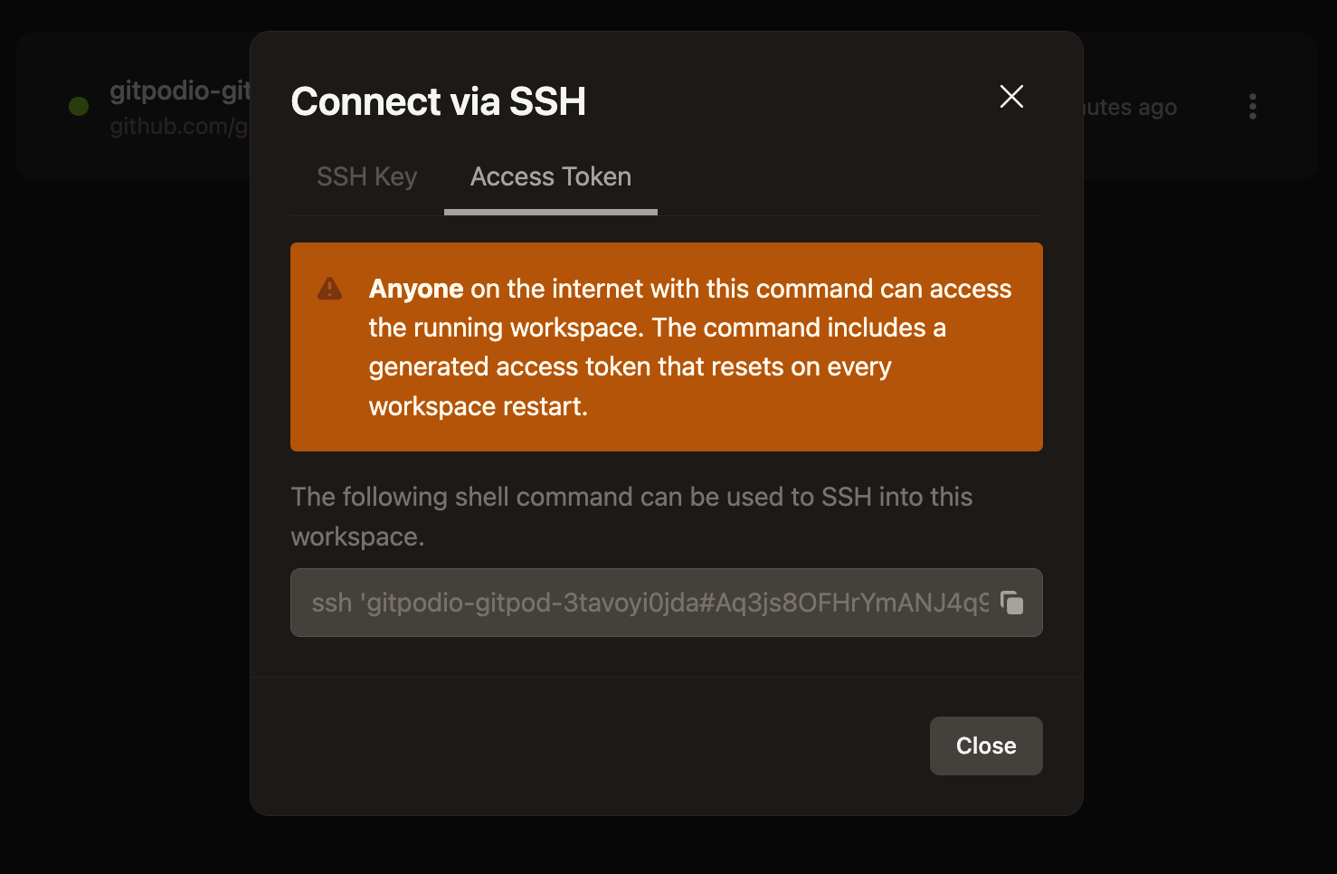 SSH via access token from the workspace list