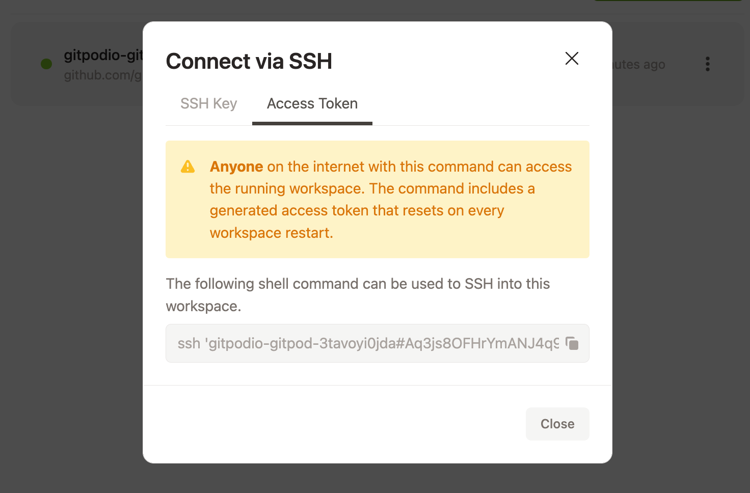 SSH via access token from the workspace list