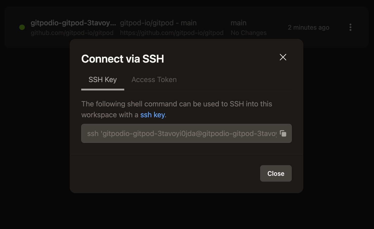 Copy SSH key from modal