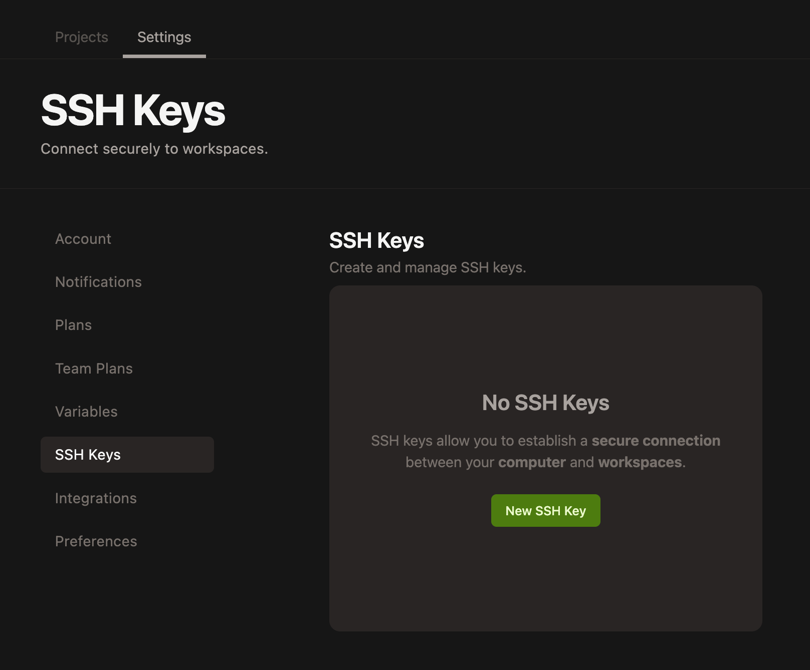 SSH page of the Gitpod dashboard