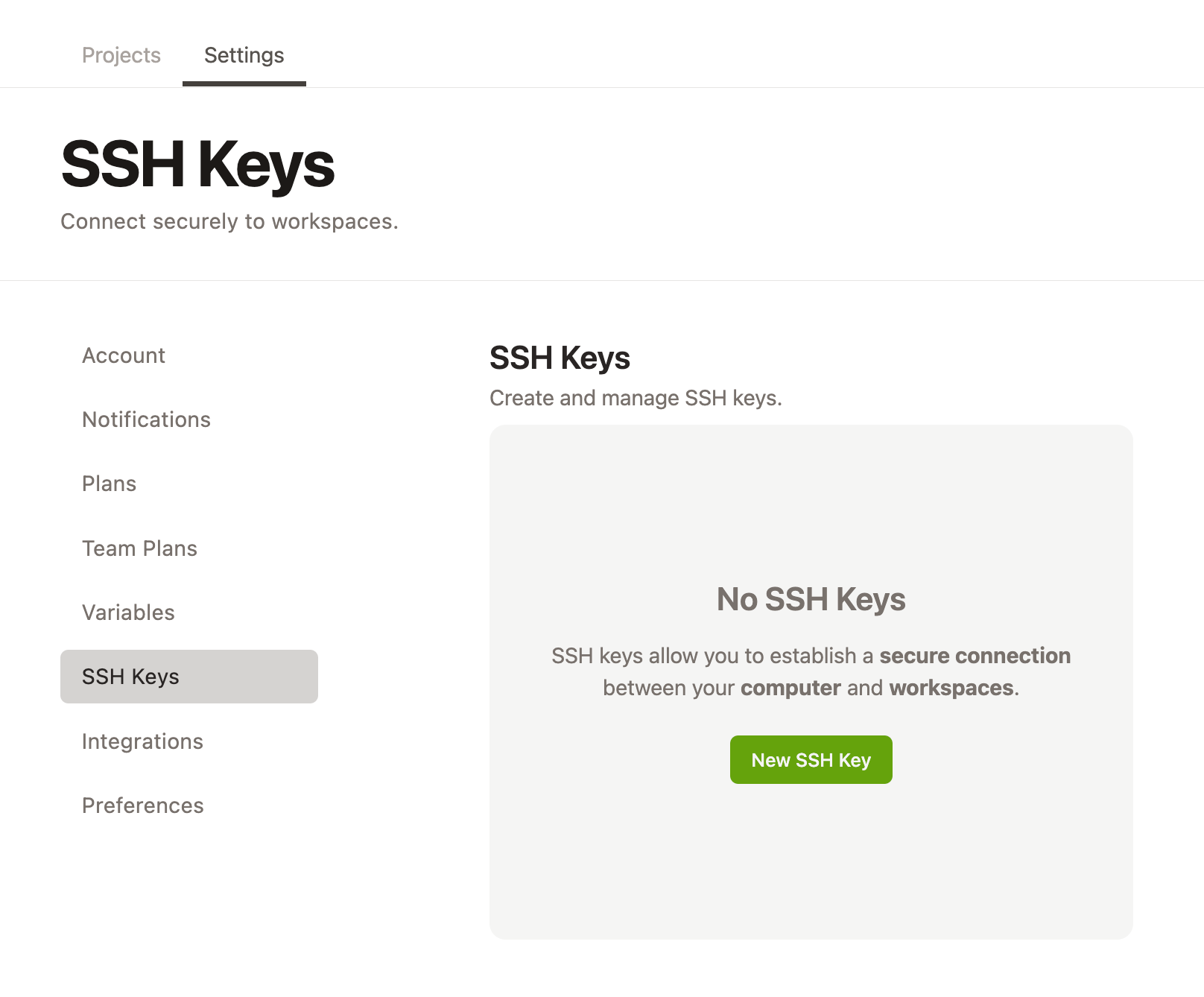 SSH page of the Gitpod dashboard