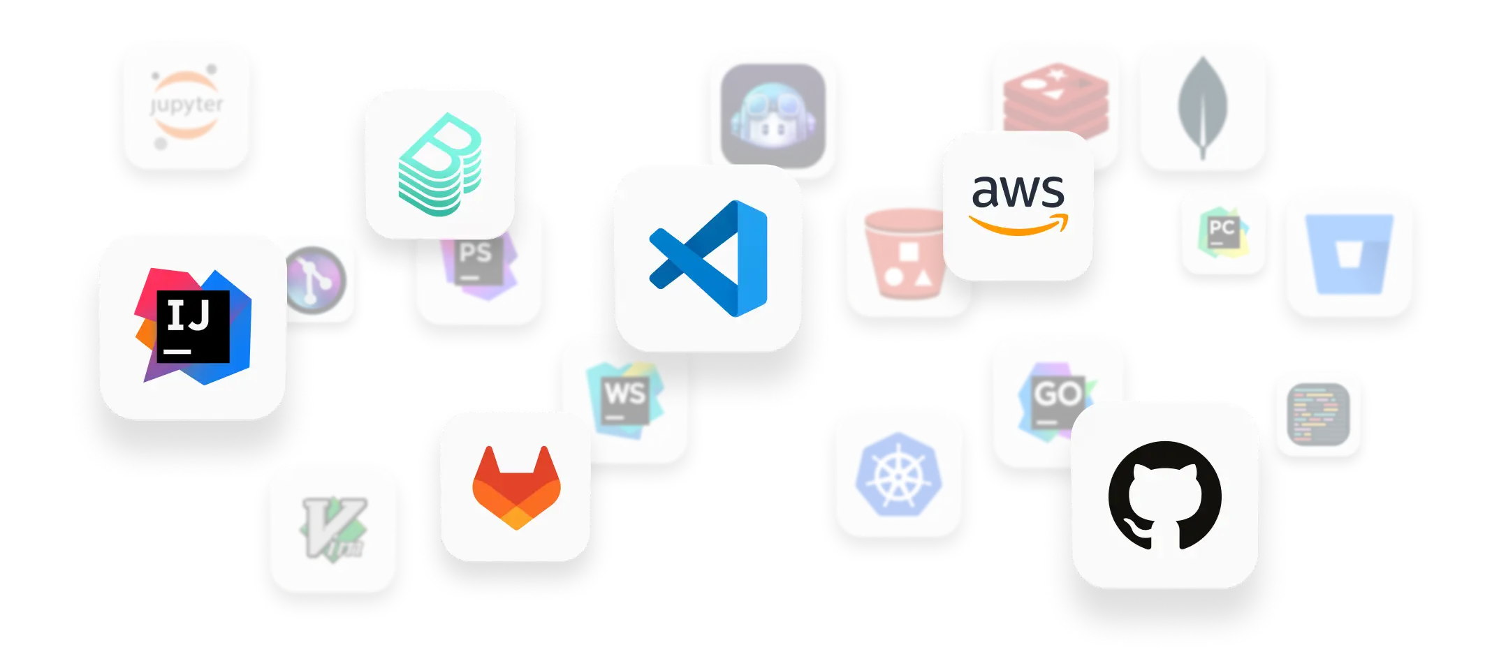 Logo's for various products with Gitpod integrations like Vim, IntelliJ, VSCode, Copilot, AWS, GitHub, GitLab, Redis, Prettier, Bitbucket, and many more.