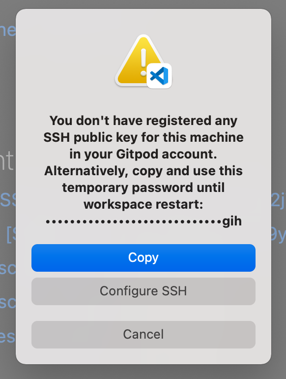 The VS Code Desktop prompt from Gitpod when opening a workspace with no SSH key found locally or uploaded to Gitpod