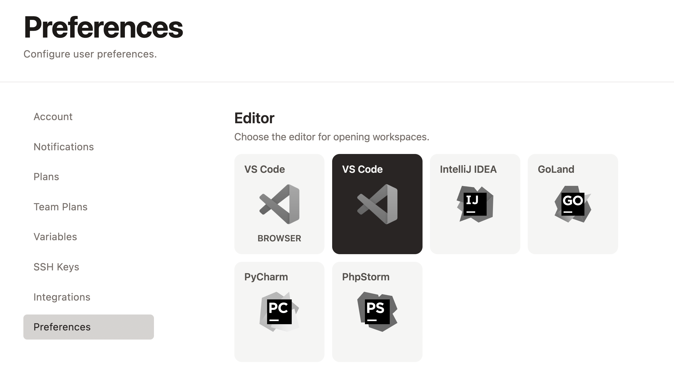 Selecting VS Code Desktop as an editor preference
