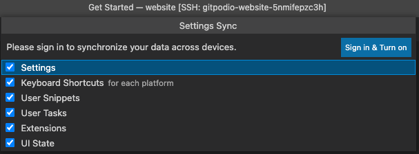 Sign into Gitpod to enable VS Code Settings Sync