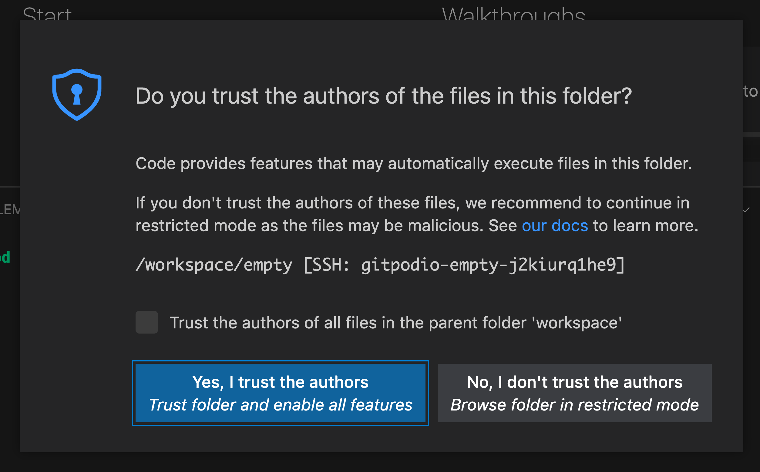 The VS Code Workspace Trust popup