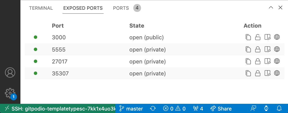 A panel in VS Code Desktop listing open ports in the workspace