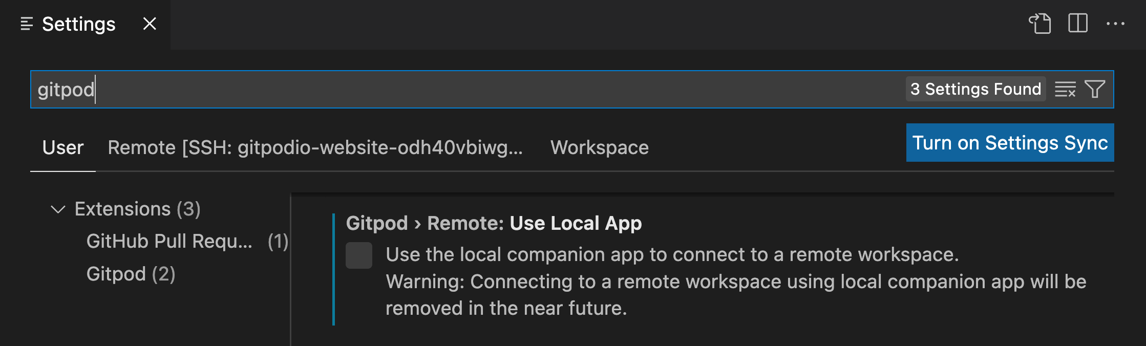 VS Code Gitpod use Local App setting