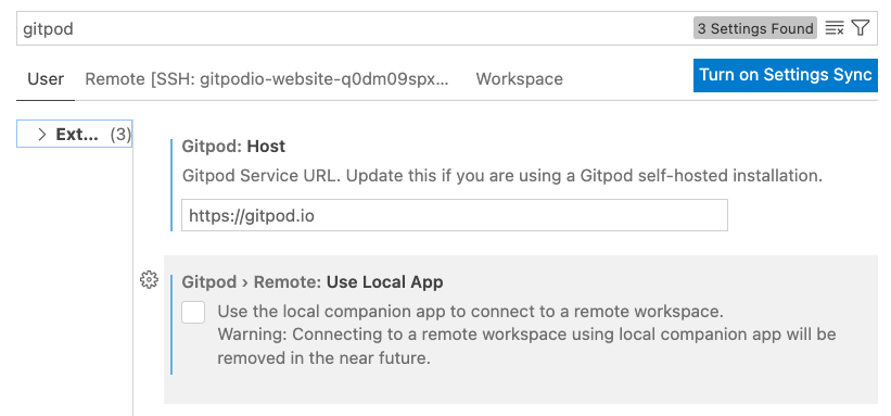VS Code Gitpod use Local App setting