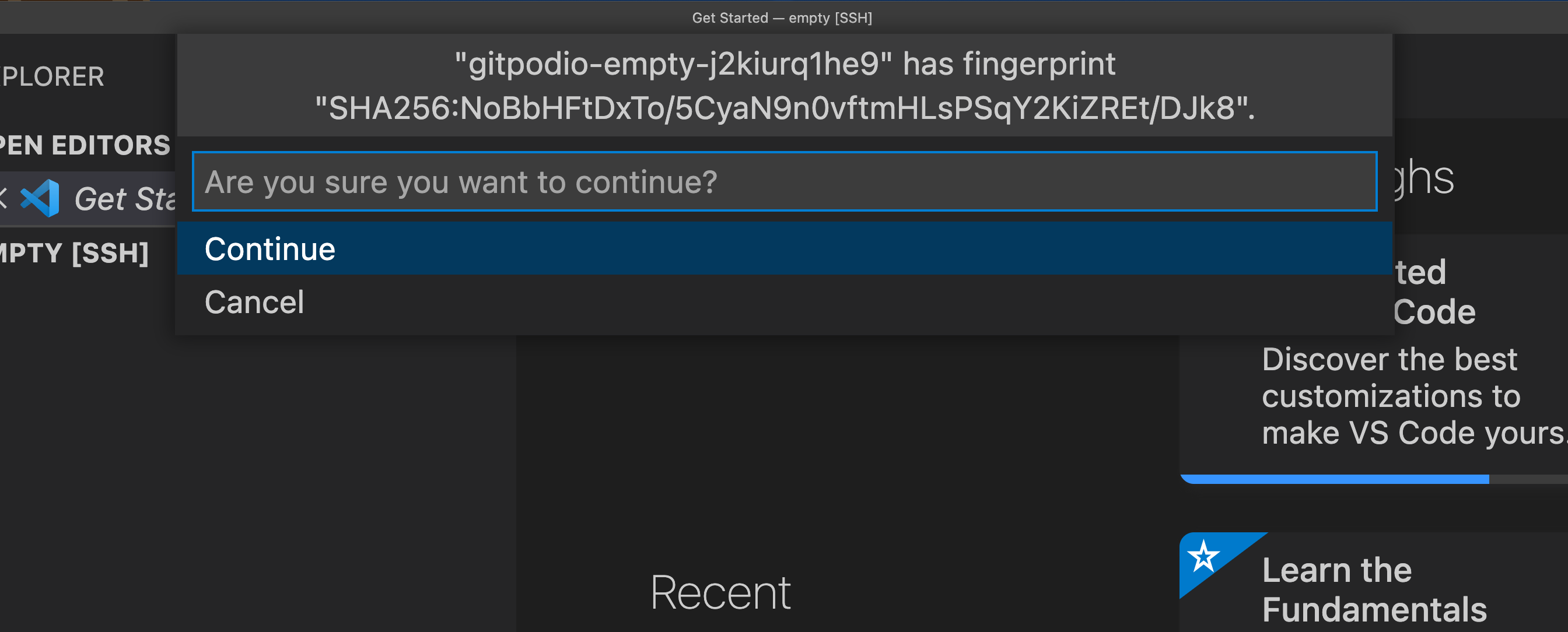 Accepting the SSH fingerprint in VS Code