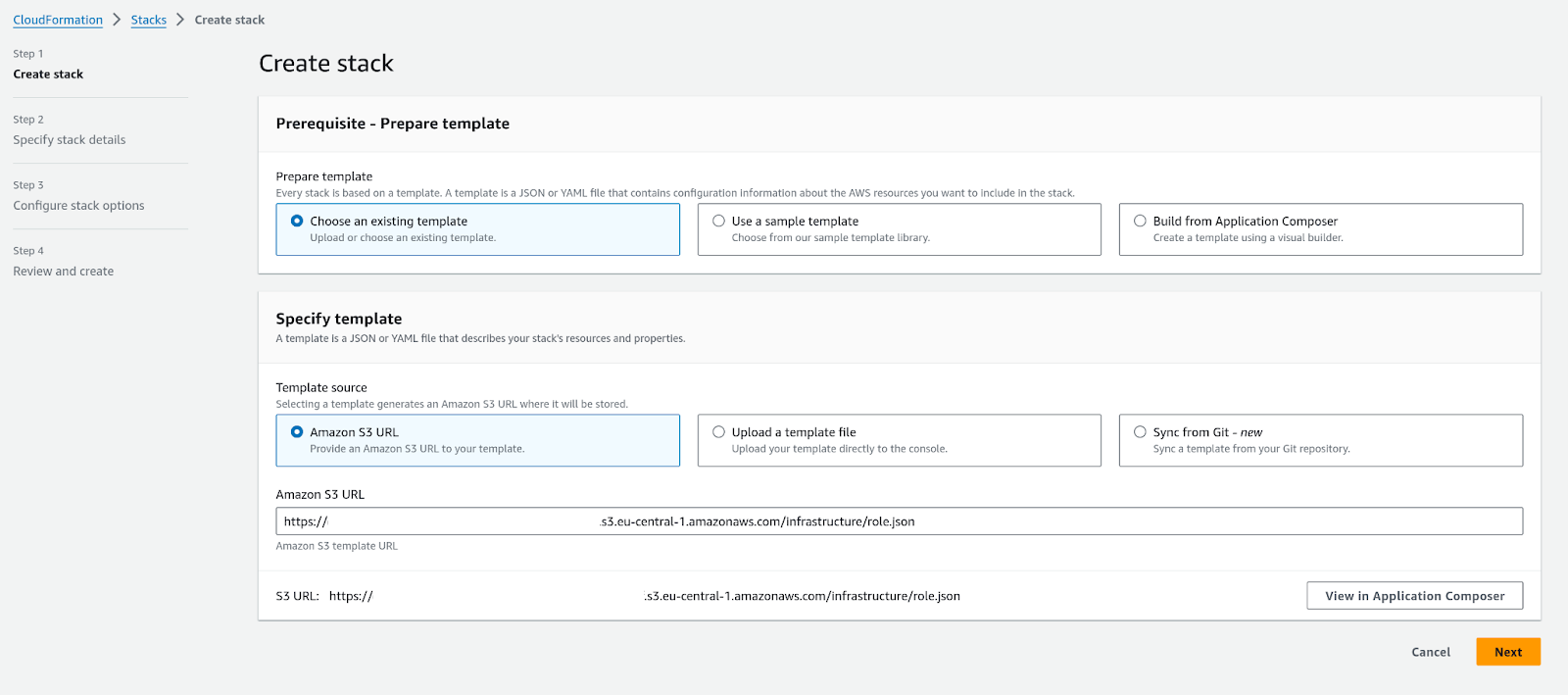 Create stack in AWS