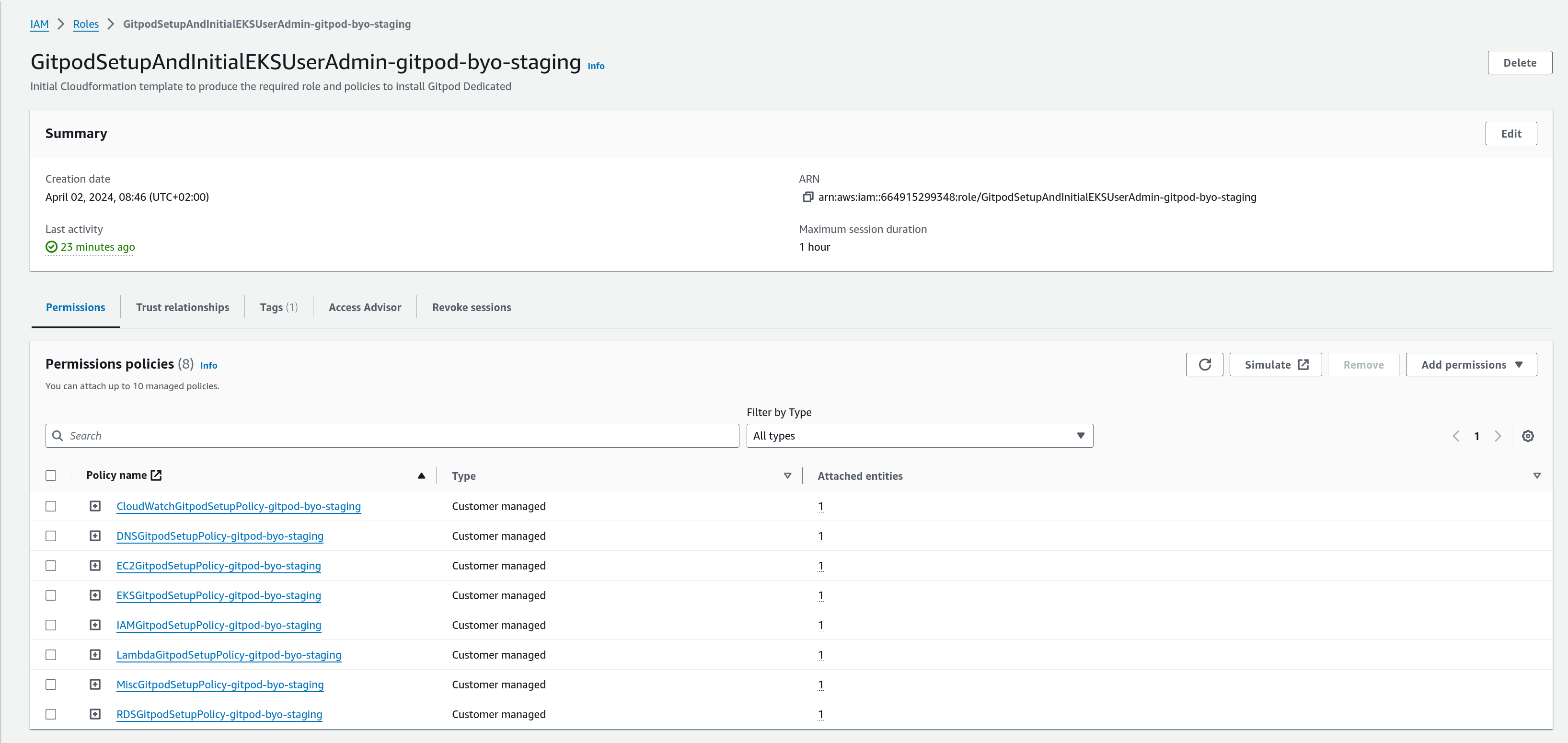 Role details in IAM Console