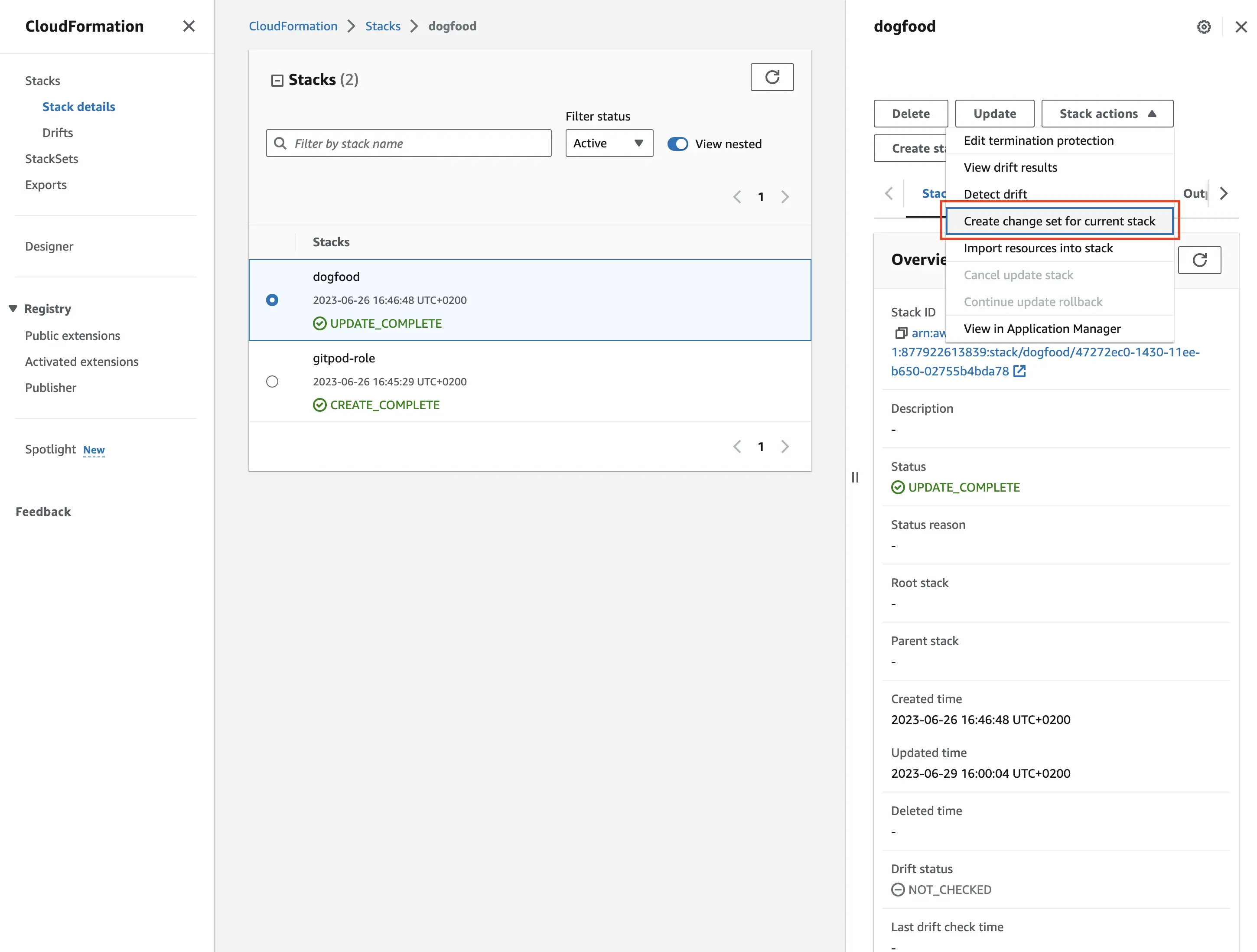 Select stack from AWS console