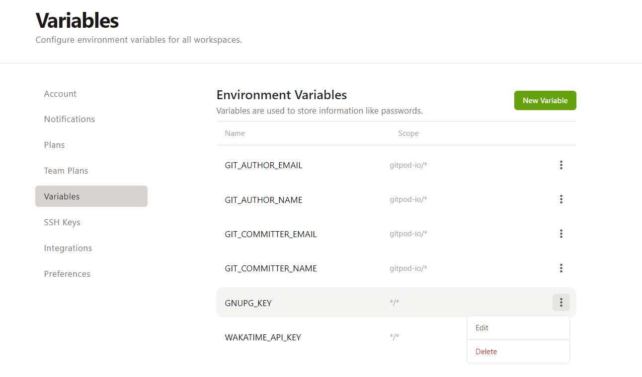 Configure the persistent environment variables in your Gitpod account settings.