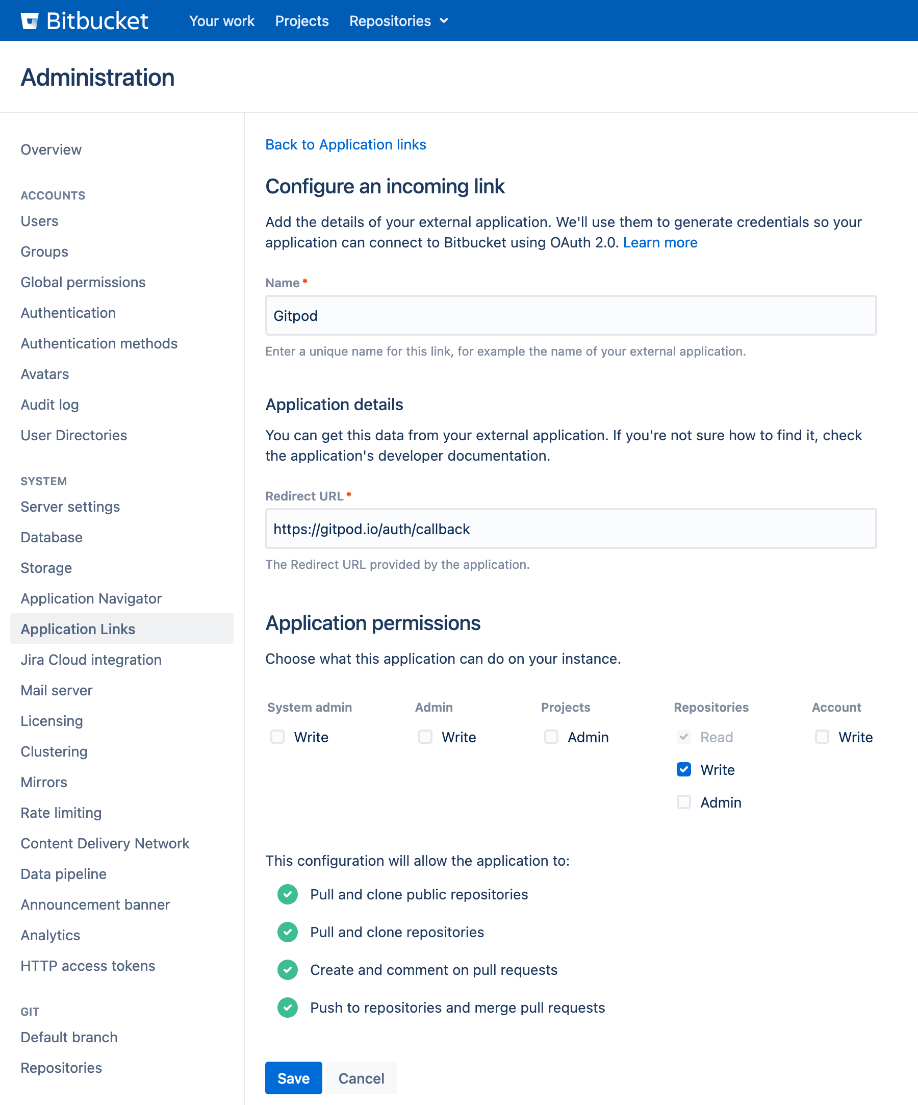 Bitbucket Server configure OAuth2 application link