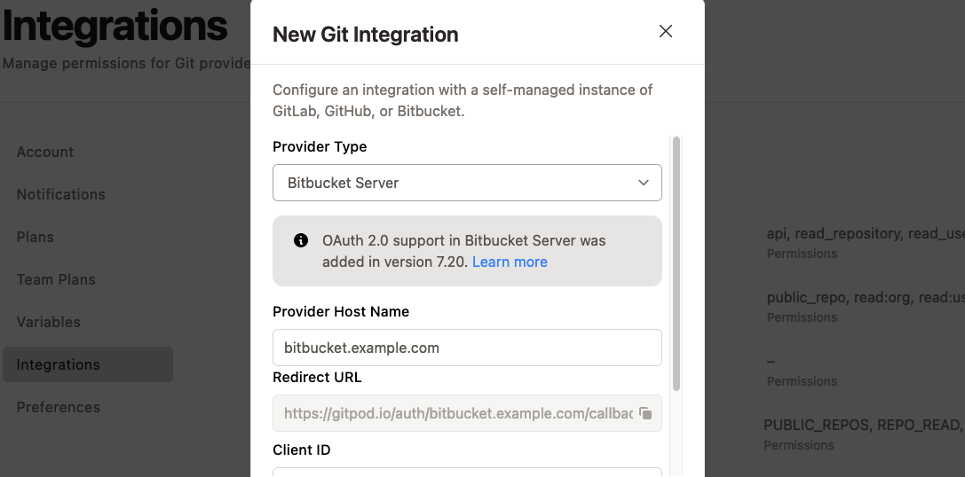 Gitpod New Git Integration form